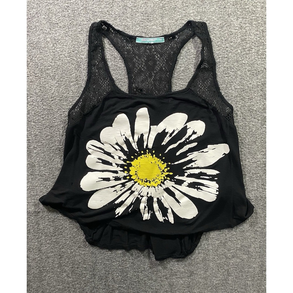 Julie's Closet Black Daisy Graphic Racerback Tank Top Crochet Lace Back Medium